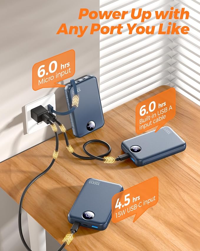 Portable Charger 10000mAh with 4 Built-in Cables 40% Smaller | Power Bank Fast Charging Battery Pack,LED Display Compact with Travel Charger for iPhone Other Devices-Navy - Image 6