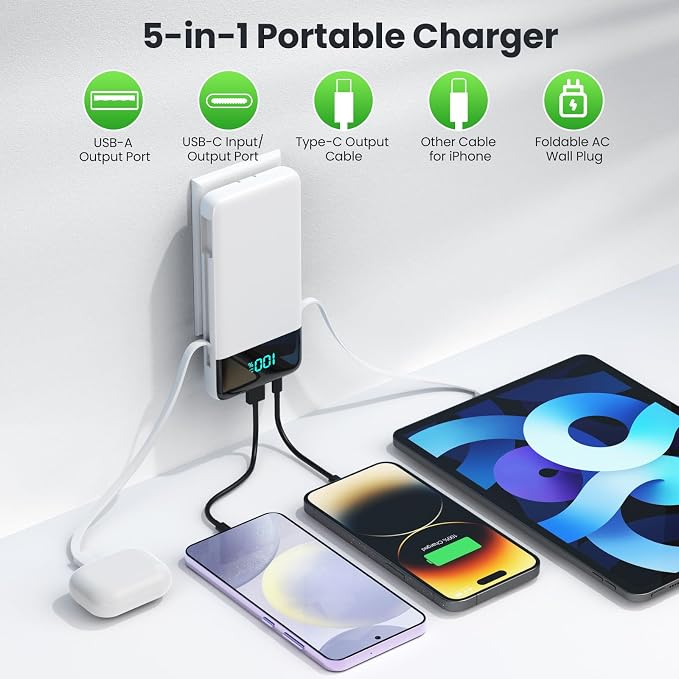 Portable Charger with Built-in AC Plug and Cables,13800mAh All in One USB C Fast Charging Power Bank,Travel Essentials Portable Phone Charger Battery Pack for iPhone 17/16/15/14,Galaxy,Android-White - Image 5