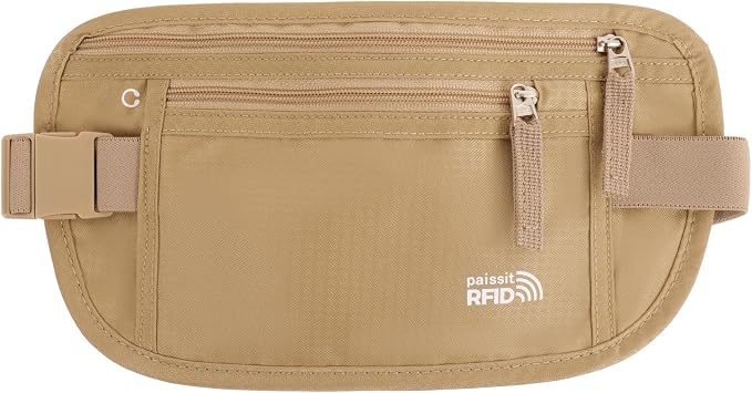 Small Unisex Money Belt For Men and Women, Slim Passport Holder RFID Blocking Travel Essentials Pouch with Adjustable Strap Small Waist Pouch for Workout Running Travelling Hiking(Beige) by paissit