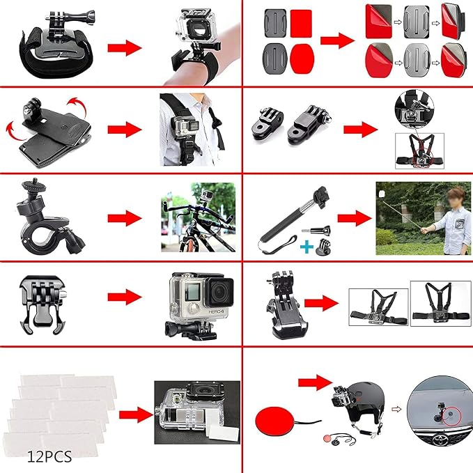 60 in 1 Action Camera Accessories Kit for GoPro 13 12 10 9, Insta360, DJI | Compatible with GoPro Hero 8 7 6 5 , AKASO，Campark APEMAN Action Cams - Image 5