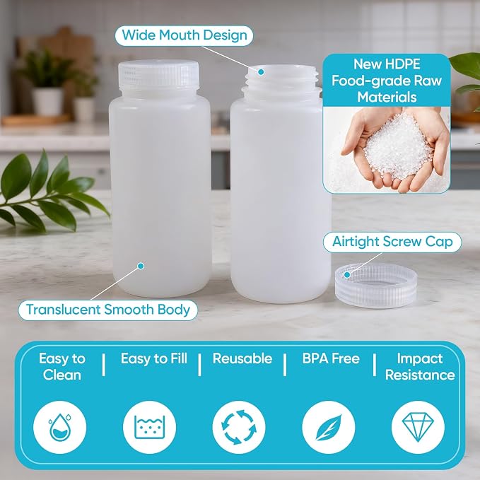 DEMORA 16 oz Plastic Bottles with Lids, Airtight Refillable Wide Mouth Travel Bottles for Toiletries, HDPE Food Grade Plastic Containers for Liquids Pill Water Sample Lab Reagent (Translucent, 2 Pcs) - Image 7