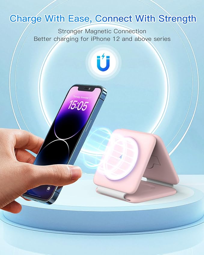 Charging Station for Apple Multiple Devices: 3 in 1 Foldable Magnetic Wireless Charger Stand - Travel Charging Dock Compatible with iPhone 17 16 15 14 13 12 Pro Max Plus Apple Watch AirPods - Image 7