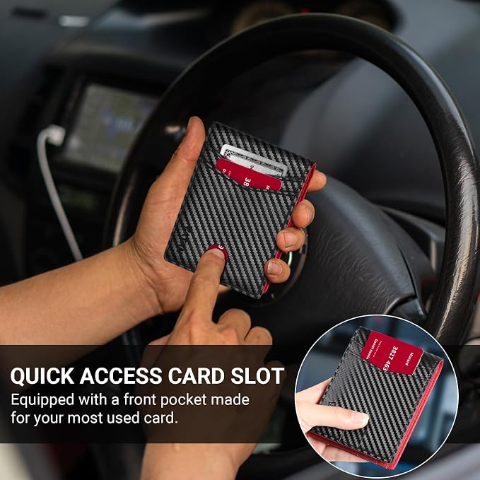 VATAN Wallet for Men Slim RFID Blocking Leather Credit Card Holder Wallet for 15 Cards, Bifold Minimalist Thin Wallet with 2 ID Windows & Cash Slot, With Gift Box(Carbon black and Red) - Image 6