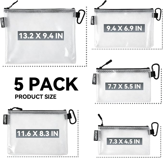 5 Pack Clear Zipper Pouches, Tool & Cable Organizer Waterproof Travel Pouch | Build In Carabiner Clip & Label Sticker, Waterproof Pouch, Mesh Zipper Pouch Bags, Tool Bag, Travel & Tech Pouch, Multi-Size - Image 5