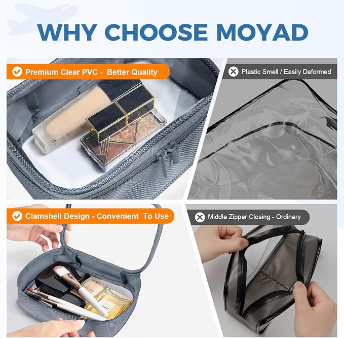 Moyad TSA Approved Toiletry Bag Clear Quart Size Travel Bags Makeup Bag | Large Opening, for Men and Women, Carry on Airline Compliant, Transparent Liquids Pouch, Grey - Image 4