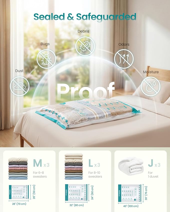 SONGMICS Vacuum Storage Bags, Rechargeable Portable Electric Pump, Space Saver Vacuum Seal Suction Bags for Clothing Travel Bedding Comforters, Reusable, 9 Pack, 3M/3L/3J, Transparent ULVB202W101 - Image 3