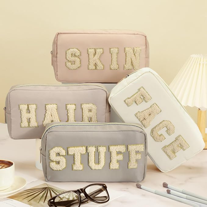 Preppy Makeup Bags Chenille Letter Stuff Bag Nylon Cosmetic Pouch Cases with Zipper for Women Travel Toiletry(Apricot Color,Classic,4 Pcs) - Image 6