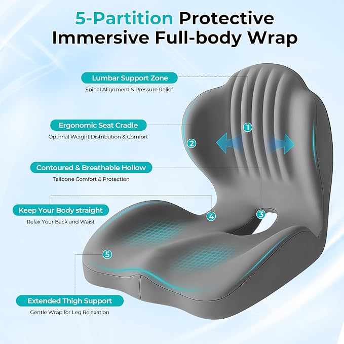 Memory Foam Seat Cushion with Lumbar Support Pillow for Truck Driver, Ergonomic L-Shaped Car Seat Cushion for Tailbone Pressure Relief, Non-Slip Chair Pad for Long Driving, Gray - Image 5