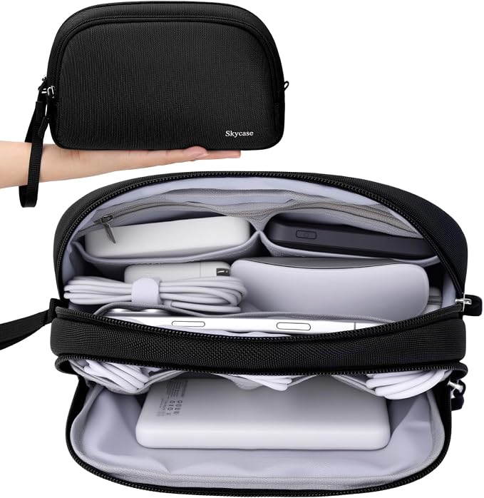 Skycase Travel Cable Organizer - Lightweight Water Resistant Dual-Layer Tech Pouch with Wrist Strap 9 Compartments Electronic Organizer Travel Case for Charger Cord Hard Drive,Small,Black by Skycase