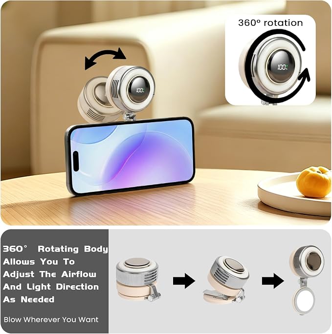 Portable Clip-On Fan, Mini USB Rechargeable 360° Rotatable Fan, Personal Fan 3-Speed Silent Mini Bladeless Fans (Sliver-2000mAh) - Image 5