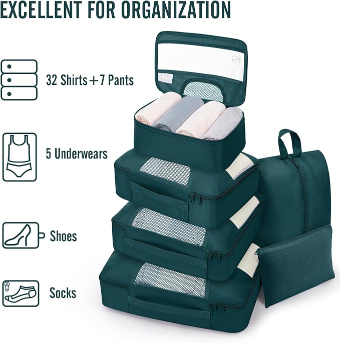 Veken 8 Set Packing Cubes for Travel Essentials,Anti-Wrinkle Buckled Suitcase Organizer for Shoe & Toiletry Bag,Carry On Luggage Bag with 99+ Count Mesh Holes for Airplane & College Dorm Accessories - Image 5