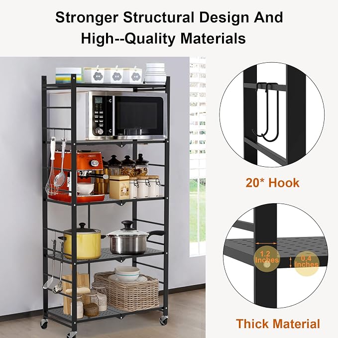 Himix 5-Tier Foldable Storage Shelves with 20 Hooks Wheels Kitchen Black | Folding shelving units, Metal collapsible organization, Wire rack, No assembly, Bookshelf, Garage, Pantry, Holds 440 Ibs - Image 5