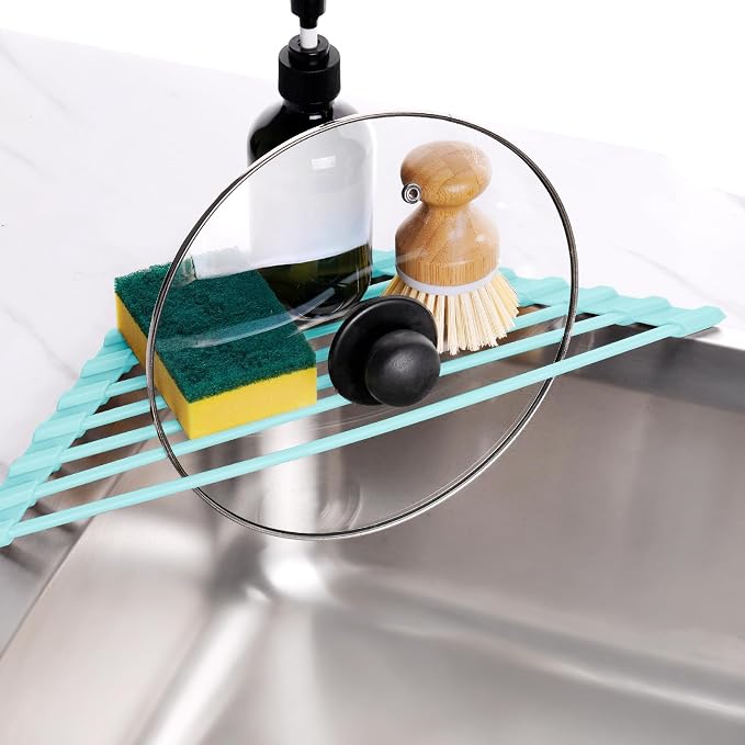 Tomorotec Roll Up Dish Drying Rack with Silicone Coating, Mint Green | 304 Stainless Steel with BPA-Free Silicone, Triangle Design Maximizes Sink Corner Space, Fits Compact Kitchens And RVs - Image 4