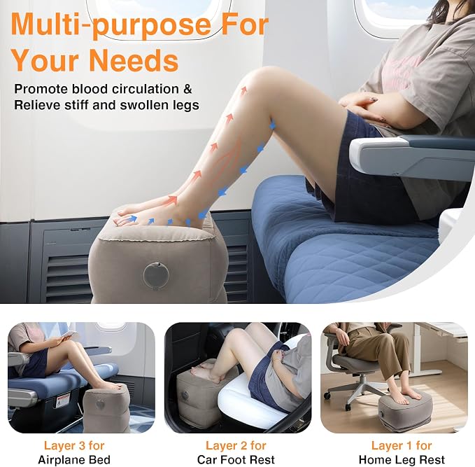 Maliton Inflatable Foot Rest Pillow for Travel,Kids Airplane Bed,Adjustable 3 Layers Height Leg Pillow of Air Travel Essentials,Car, Office, Home - Fast Inflation (Grey) - Image 5