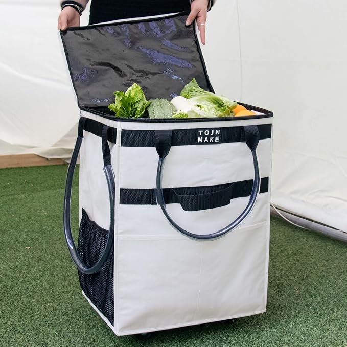 Reusable Grocery Bag On Wheels, Shopping Trolley, Rolling Tote with 8 Pockets and Zipper Cover, Foldable, Heavy Duty Handles, Carries Up to 46 LBS (Medium, Beige) - Image 6
