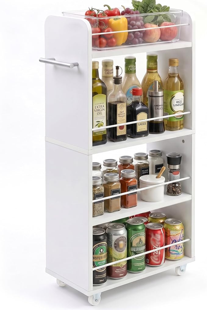 Slim Rolling Storage Cart,4 Tier White Rolling Utility Cart Slide Out Rack | Narrow Spice Rack Organizer Trolley for Kitchen Bathroom Larundry Small Corner 7.7inch wide by FerniTry
