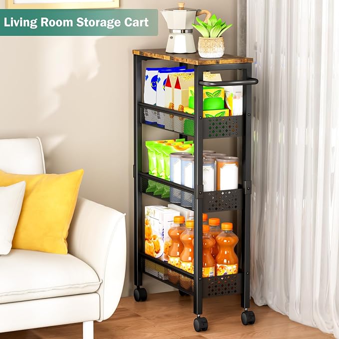 Vivihomety 4-Tier Slim Utility Rolling Laundry Cart with Wheels, Metal | Narrow 7.1" wide, Lockable wheels, wood top panel, metal frame, with handle, for laundry, bathroom, kitchen, black - Image 6