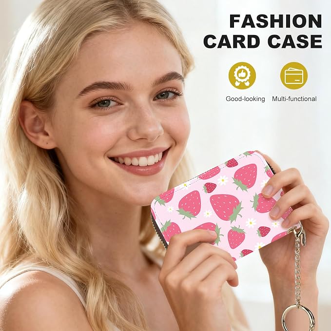 Credit Card Holder for Women,Small Rfid Wallet with Keychain Zipper,Cute PU Leather Card Case Wallet，Accordion Credit Card Wallets Gift,Strawberry - Image 6