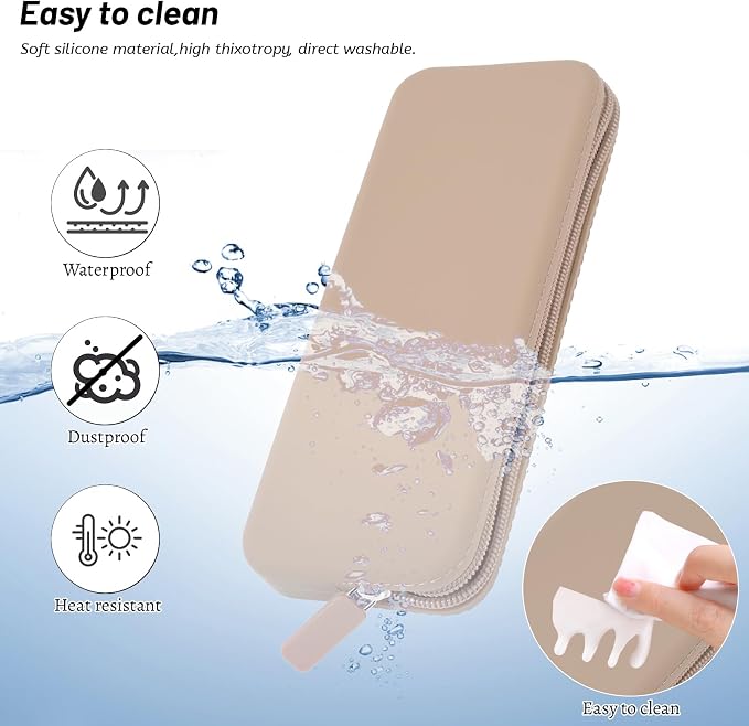 Travel Makeup Brush Holder, Silicone Makeup Brush Bag with Zipper Closure, Makeup Brushes Organizer Case Washable Makeup Pouch Holder Case for Daily, Work, Essentials（Khaki） - Image 4