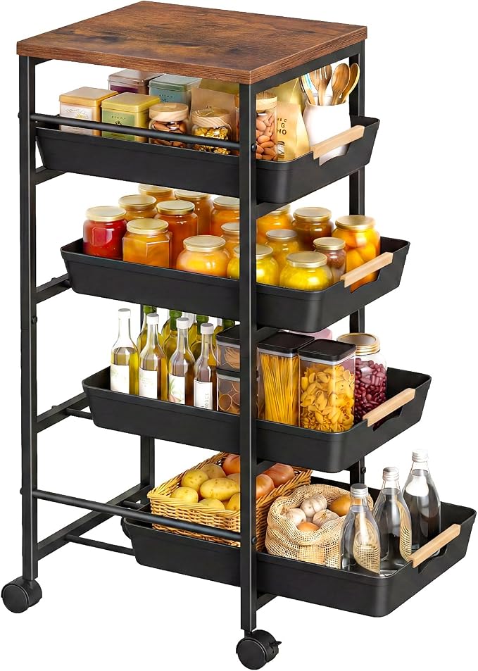 Pipishell Rolling Storage Cart with Drawers & Lockable Wheels, Black | 5 Tier Kitchen Cart with Safety Stops & Vented Design, Wood Top, Pull-Out Utility Cart for Kitchen, Home Office, Bedside - Image 8