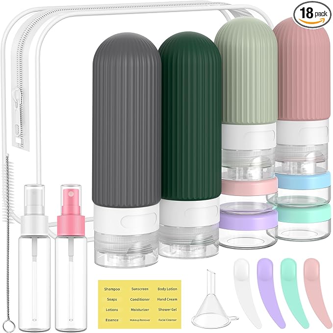 ME.FAN Travel Bottles for Toiletries,18 Pack Silicone Portable Size Bottle, TSA Approved Refillable Cosmetic Container Kits for Conditioner, Shampoo, Lotion,Face Cream - Morandi by MEFAN