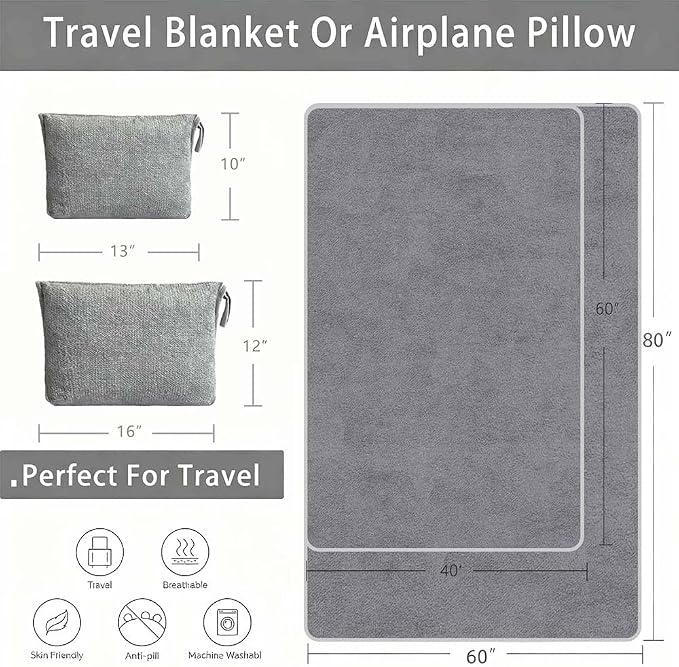 Travel Blanket Pillow, Soft Airplane Blanket 2-in-1, Travel Blanket Airplane Compact with Bag, Travel Essentials Accessories for Plane and Car,60x40 Grey - Image 3