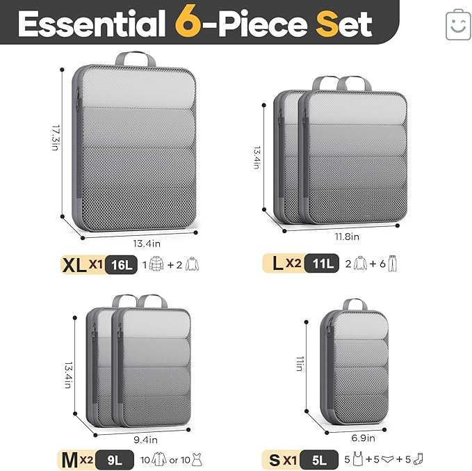 Veken 6/9/11 Set Compression Packing Cubes Garment Bags for Travel Essentials,Compressible Expandable Luggage Organizer Bags for Clothing,Space Saver Bags with Over 1000 pcs of Mesh Holes(Gray) - Image 2