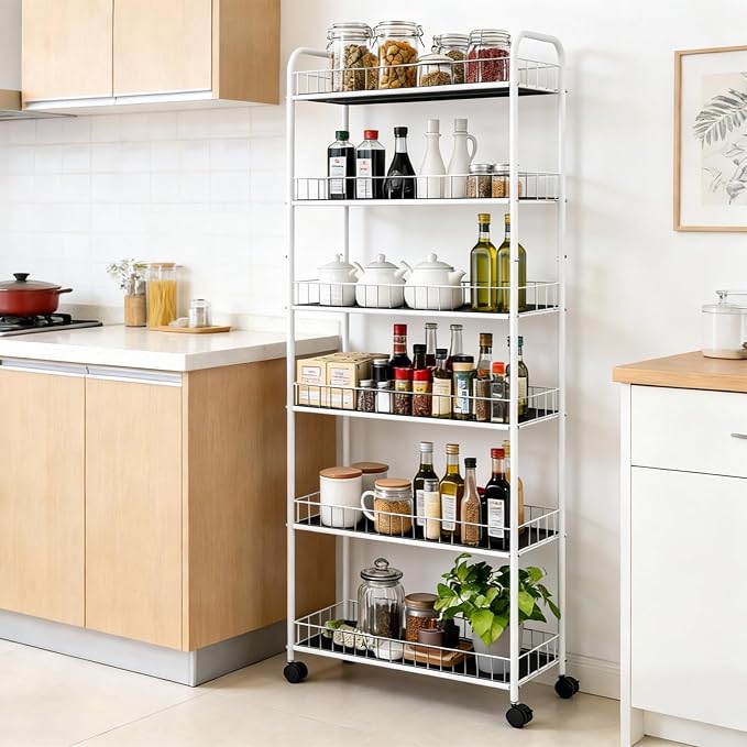 10in 6 Tier Slim Storage Cart with Wheels,White Narrow Space Rolling Shelving Unit, Metal Wire Mobile Organizer Rack for Kitchen Bathroom Office Laundry - Image 7