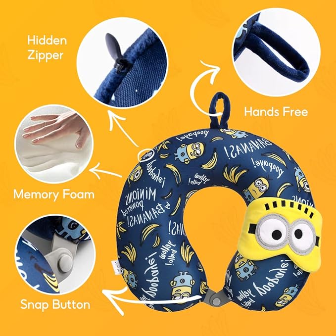 MINISO Minions Travel Neck Pillow with Eye Mask, Cute Cartoon 100% Memory Foam Neck Support Pillow, Lightweight Travelling Pillow Set for Airplane, Car and Home Use - Image 3