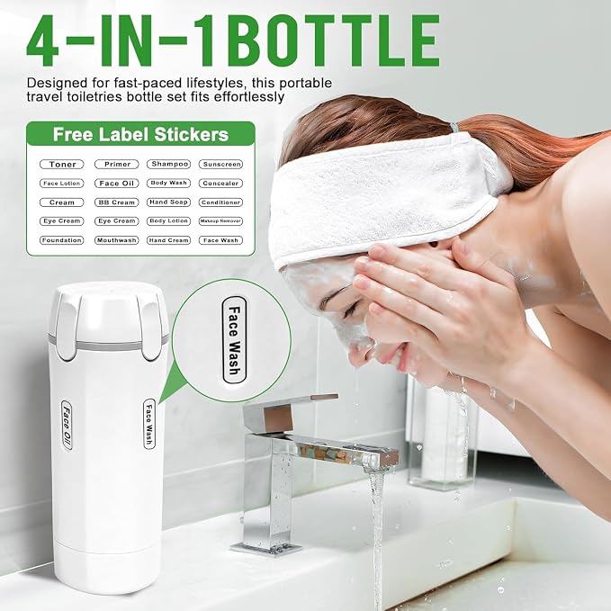 4 in 1 Travel Dispenser,4 Pack 30ML Travel Bottles for Toiletries,Refillable, Leak Proof and Portable,Suitable for Storing Shampoo, Shower Gel, Laundry Detergent, Suitable for Travel, Camping (White) - Image 2