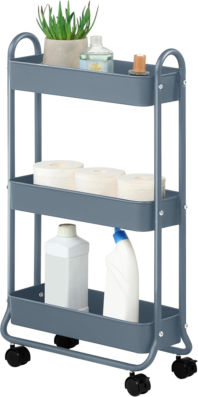 SunnyPoint Slim Rolling Storage Cart, 3 Tier Bathroom Storage Organizer Bathroom, Laundry Utility Cart (Blue) by SunnyPoint