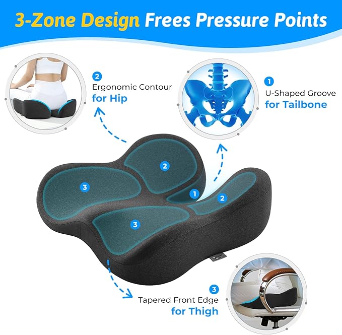 Seat Cushion for Tailbone & Sciatica Pain Relief | Certified & Ergonomist-Designed,Tapered Front Edge Reduces Thigh Pressure,Wide Memory Foam for Office Chair, Car, Wheelchair - Image 4