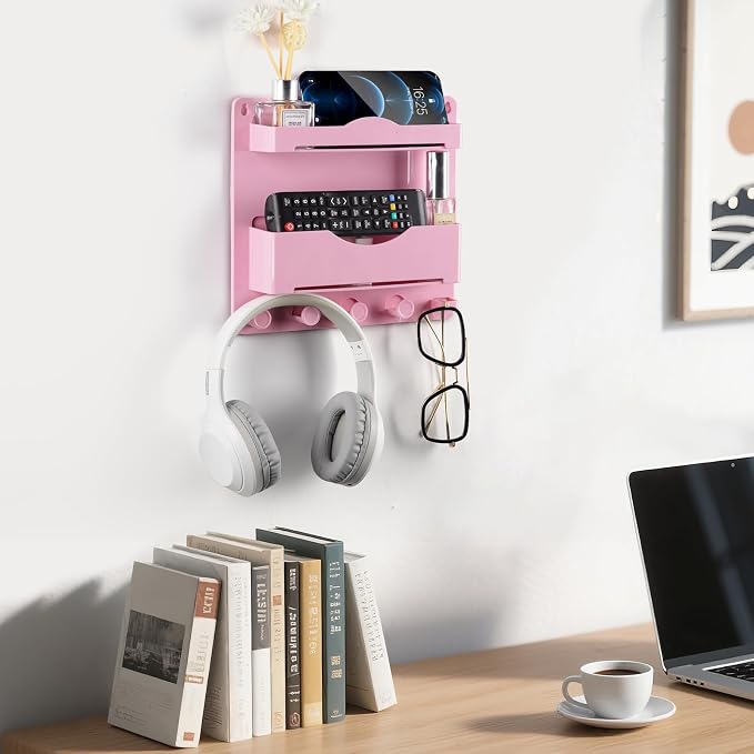 Pink Bedside Shelf Organizer - Wall Mount Phone Holder with Glasses Hook & 50 Motivational Stickers for Girls Bedroom Dorm Decor - Image 2