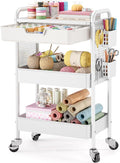 KINGBOARD 3 Tier Metal Rolling Cart with Drawer, White Utility Storage Cart | 2 Cups & 4 Hooks, Lockable Wheels, Trolley Organizer for Bathroom, Kitchen, Office, Nursery, Dorm, Laundry, Craft Room by KINGBOARD