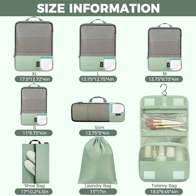 BAGAIL 4 Set/6 Set/8 Set Compression Packing Cubes Travel Accessories Expandable Packing Organizers(HalfMesh, 8-MatchaGreen) - Image 2
