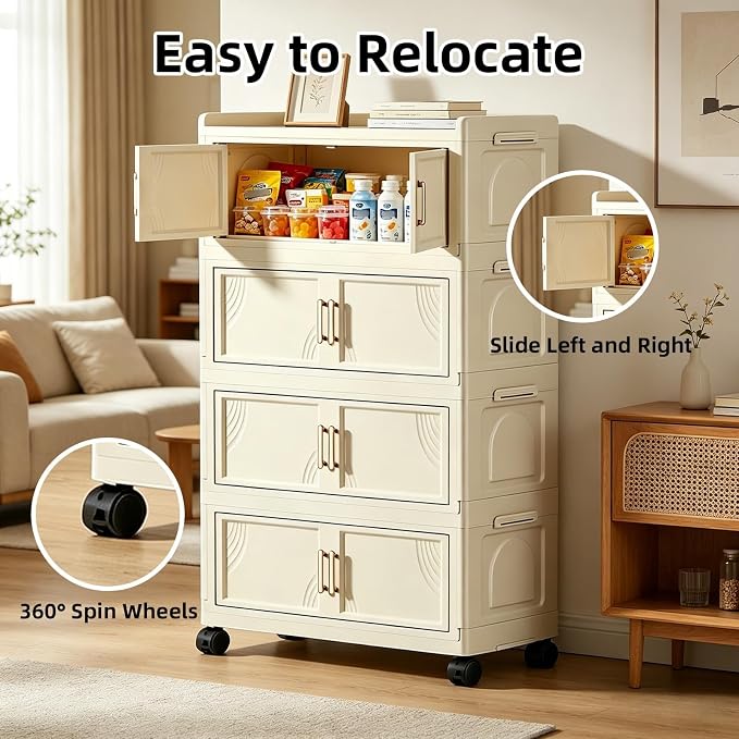 5 Tier Foldable Storage Cabinet with Lids, 313QT Large Premium PP Storage Organizer with Magnetic Doors and Wheels, Heavy Duty White Storage Bins for Home, Office, Kitchen, Dorm - Image 3