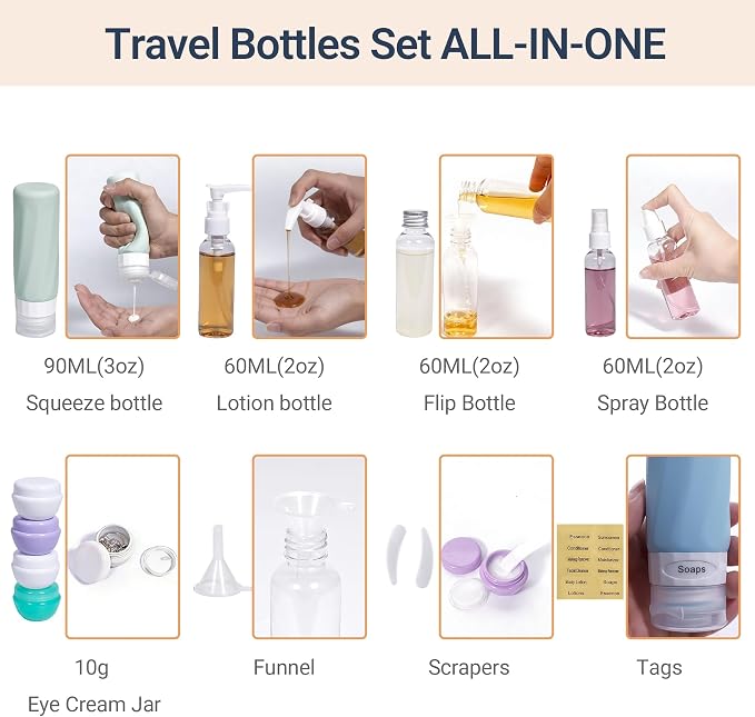 16 Pack Travel Bottles for Toiletries, TSA Approved 3oz Containers | Silicone Travel Size Containers for Shampoo and Conditioner, BPA Free with Toiletry Bag - Image 2
