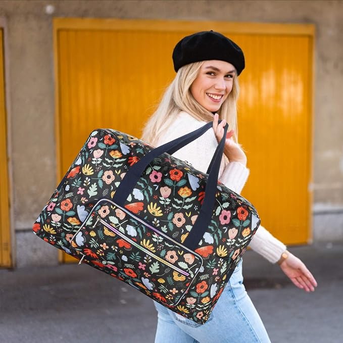 Travel Foldable Waterproof Duffel Bag - Lightweight Carry on Luggage Tote Duffel Bag(Black Floral) - Image 6