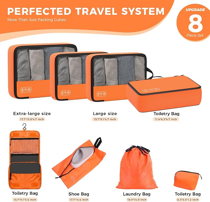 8-Piece Compression Packing Cubes for Travel, Keep Space Saving and Tidy | Bright & Lightweight Luggage Organizer for Outdoor Travel & Adventure, Space Save for Backpack, Duffel Bag & Suitcase- Orange - Image 5