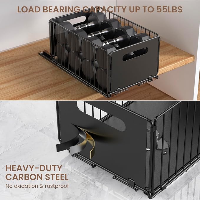 2 Pack Pull Out Cabinet Organizer, Heavy Duty Slide Out Drawer with No Drill Adhesive or Screw Mount, Carbon Steel Roll Out Shelf for Kitchen Cabinet, Pantry & Bathroom Storage - Image 4