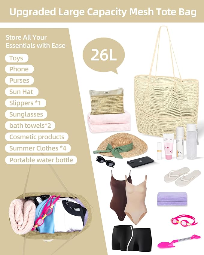 Mesh Beach Tote Bag for Women, 2-in-1 Large Lightweight Foldable Design | Packable into Matching Makeup Pouch | Multiple Pockets | Quick-Dry Sandproof Mesh | Beach, Pool, Travel, Shopping & Gym - Image 2