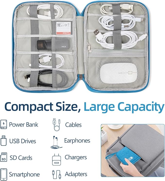 Cable Organizer Bag, Electronics Case for Cords, Chargers & Tech | Organize cables, chargers and power banks with elastic loops, mesh pockets and a slim design for travel. - Image 3