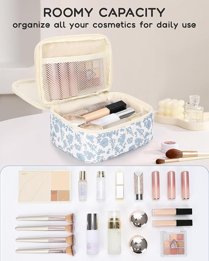 Relavel Travel Makeup Bag, Mini Floral Cosmetic Bag with 2 Layers | Portable Makeup Pouch for Women with 2 Makeup Brush Holders, Cute Toiletry Bag with Handle for Necessaries, Blue Flower - Image 6