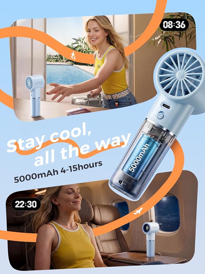 Handheld Portable Fan, 6-Speed Rechargeable Powerful Mini Fan | 5000mAh Battery Up to 15 Hours Runtime, Smart LED Display, Pocket Turbo Personal Fan for Travel, Camping, Makeup - Image 3