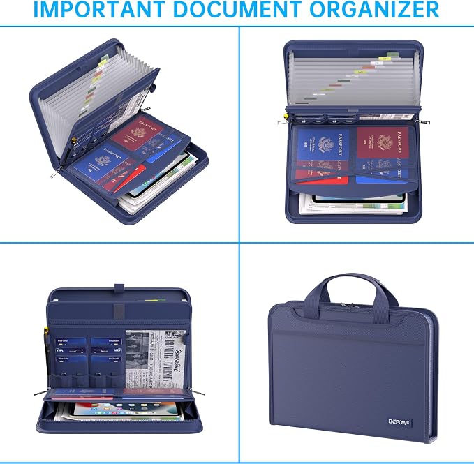 ENGPOW Accordion File Organizer,Fireproof Expanding File Folder with Multi Pockets,13 Pockets Document Organizer with Handle & Labels,Portable Home Travel Safe Storage Folder for Letter A4 Files,Blue - Image 3