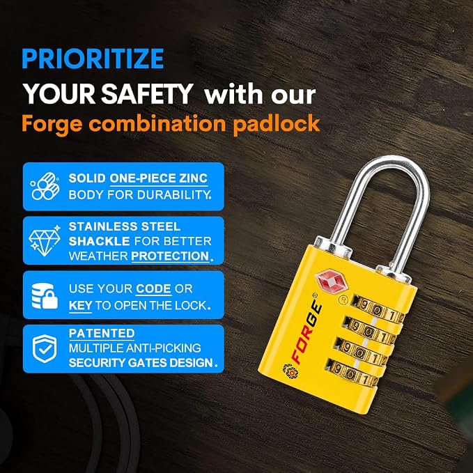 Forge Dual-Opening: Key or Combination Access Lock, TSA Approved Locks for Luggage, Pelican case, Travel, Gym, School, Stainless Steel Shackle.(Yellow, 4 Pk) - Image 6