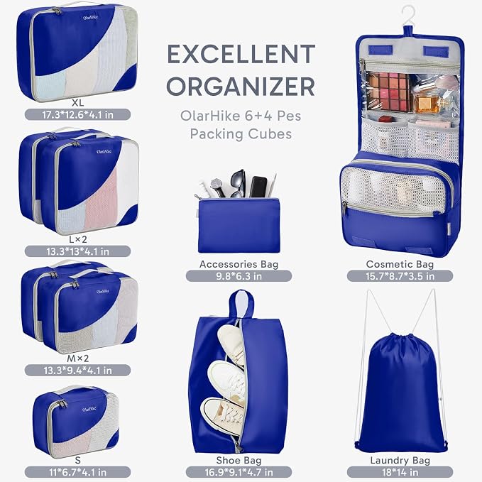 ALL INCLUDED 10 Set Durable Packing Cubes for Suitcases,OlarHike Essentials for Travel, UPGRADED Anti-Tear Stitching, NEW Improved Luggage Packing Organizers for Travel Accessories (Klein Blue) - Image 2