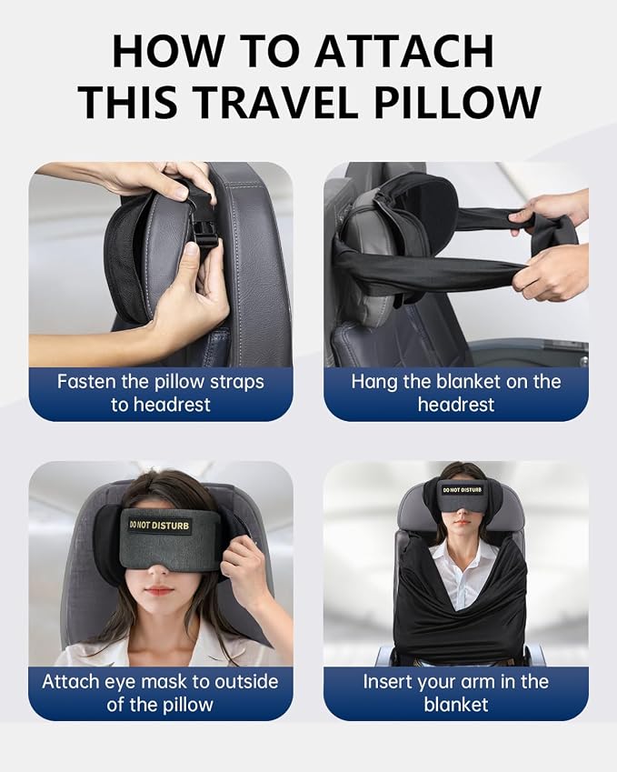Travel Pillow and Blanket Set, Compact Airplane Pillow Bag with Eye Mask for Long Flights Sleeping, 360° Support Head Strap Travel Essentials for Plane Car Sleep Neck Upright, Stop Head Drop(Grey) - Image 6