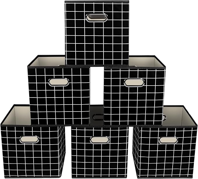Yunkeeeper storage bins Cubes, Fabric Cube Organizer with Handle, Foldable Cube Bins for Cloth or Accessary Storage, 11x11x11, Set of 6, (Black grid) by Yunkeeper