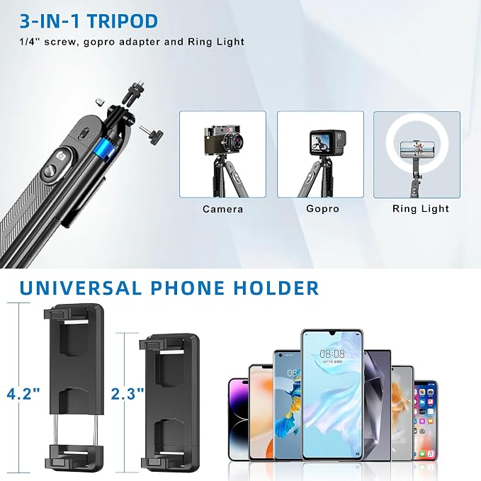 Selfie Stick Phone Tripod-71 Cell Phone Holder with Remote | 1/4" Screw Thread Adapter, Travel Tripod for Recording, Video and Picture, Compatible with iPhone, Android, Camera & Gopro - Image 2